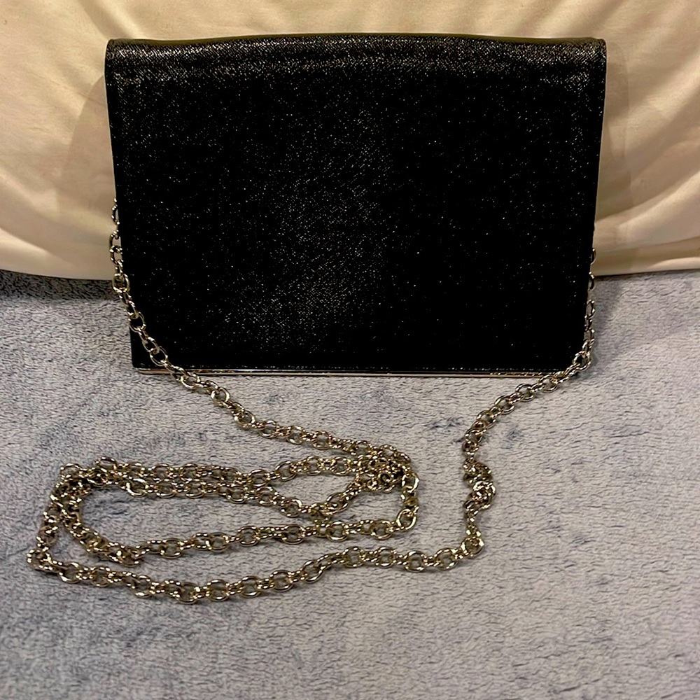 HALOGEN  Crossbody purse, black metallic with chain strap.